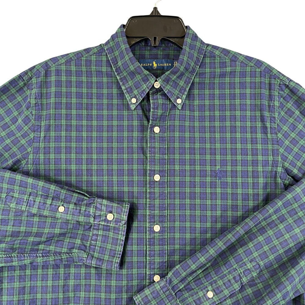 Ralph Lauren Plaid Button Down Mens 17 Green Navy Long Sleeve Casual Office